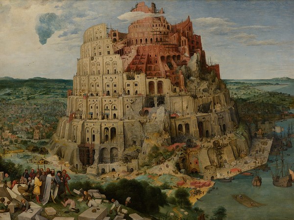 Pieter Bruegel's Tower of Babel painting depicting the massive incomplete tower with surrounding landscape