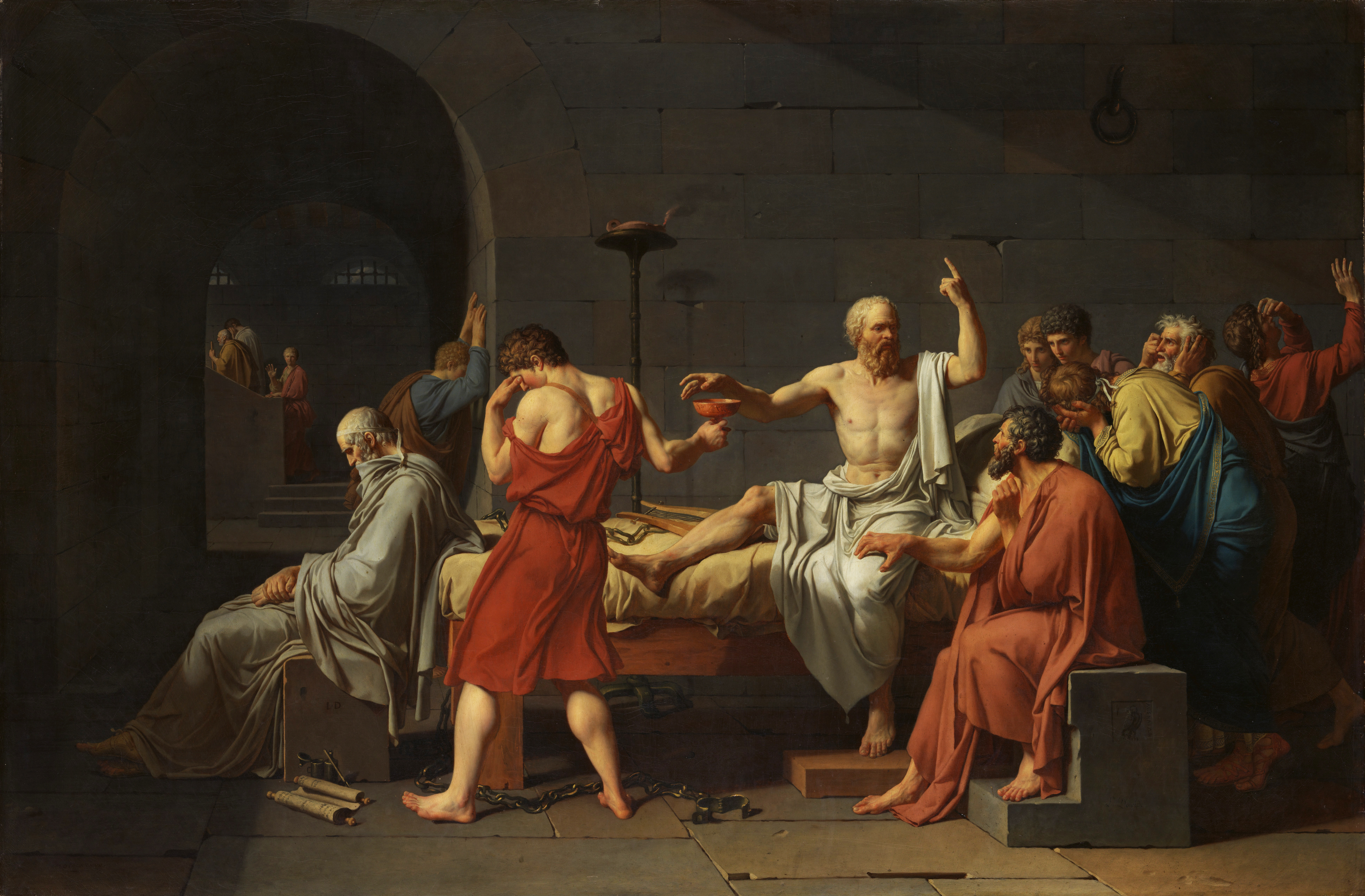 Jacques-Louis David's The Death of Socrates painting depicting the philosopher reaching for the cup of hemlock while surrounded by grieving disciples
